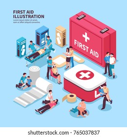 Isometric first aid composition with conceptual images of medicine box and its contents with human characters vector illustration