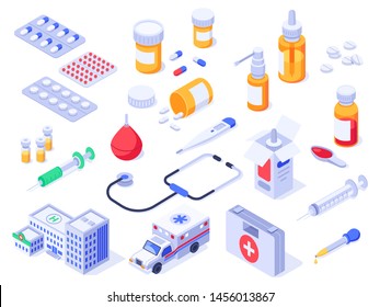 Isometric first aid kit. Health care medical pills, pharmacy medicines and drug bottles. Hospital ambulance, pill case or wound safety supplies. Healthcare 3d isolated vector icons set