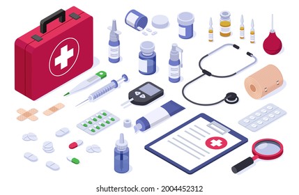 Isometric first aid kit. Healthcare medical equipment bandage, tablet, pill, syringe, spray, stethoscope. Online pharmacy medication vector set. Urgency treatment, tools for accident