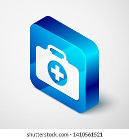 Isometric First aid kit icon isolated on white background. Medical box with cross. Medical equipment for emergency. Healthcare concept. Blue square button. Vector Illustration