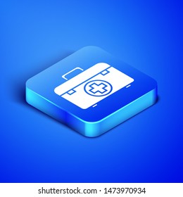 Isometric First aid kit icon isolated on blue background. Medical box with cross. Medical equipment for emergency. Healthcare concept. Blue square button. Vector Illustration