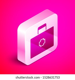Isometric First aid kit icon isolated on pink background. Medical box with cross. Medical equipment for emergency. Healthcare concept. Silver square button. Vector Illustration