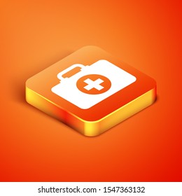 Isometric First aid kit icon isolated on orange background. Medical box with cross. Medical equipment for emergency. Healthcare concept.  Vector Illustration