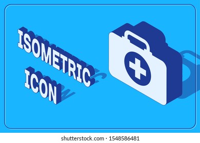 Isometric First aid kit icon isolated on blue background. Medical box with cross. Medical equipment for emergency. Healthcare concept.  Vector Illustration