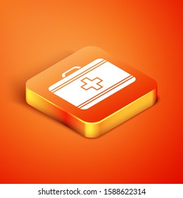 Isometric First aid kit icon isolated on orange background. Medical box with cross. Medical equipment for emergency. Healthcare concept.  Vector Illustration