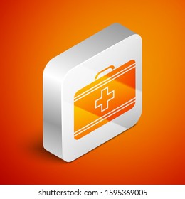 Isometric First aid kit icon isolated on orange background. Medical box with cross. Medical equipment for emergency. Healthcare concept. Silver square button. Vector Illustration