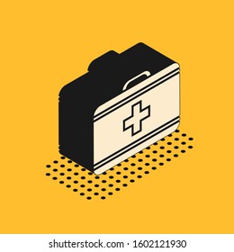 Isometric First aid kit icon isolated on yellow background. Medical box with cross. Medical equipment for emergency. Healthcare concept.  Vector Illustration