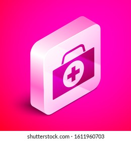 Isometric First aid kit icon isolated on pink background. Medical box with cross. Medical equipment for emergency. Healthcare concept. Silver square button. Vector Illustration