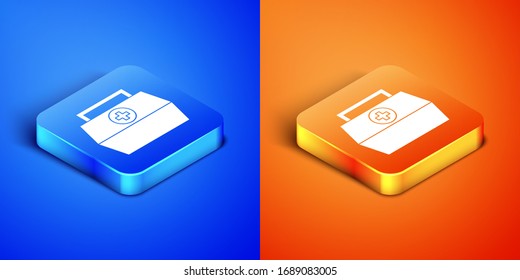 Isometric First aid kit icon isolated on blue and orange background. Medical box with cross. Medical equipment for emergency. Healthcare concept. Square button. Vector Illustration