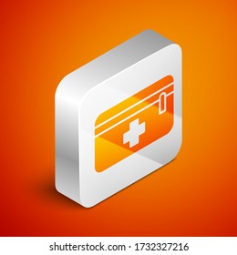 Isometric First aid kit icon isolated on orange background. Medical box with cross. Medical equipment for emergency. Healthcare concept. Silver square button. Vector Illustration