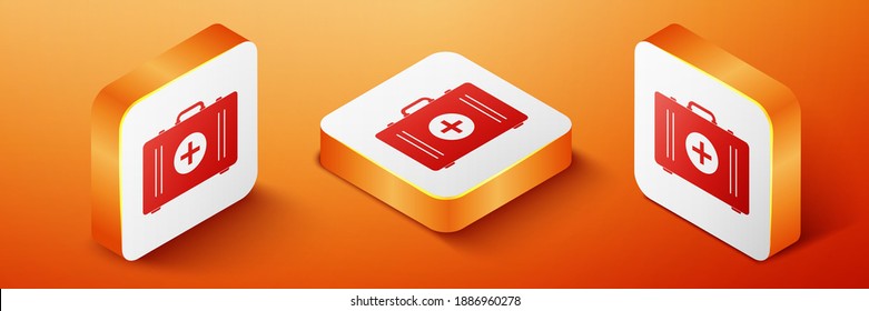 Isometric First aid kit icon aislado en el fondo naranja. Caja médica con cruz. Equipo médico de emergencia. Concepto de salud. Botón cuadrado naranja. Vector.