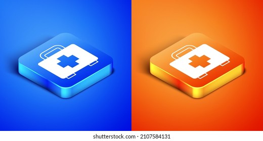 Isometric First aid kit icon isolated on blue and orange background. Medical box with cross. Medical equipment for emergency. Healthcare concept. Square button. Vector