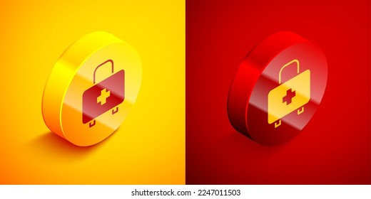 Isometric First aid kit icon isolated on orange and red background. Medical box with cross. Medical equipment for emergency. Healthcare concept. Circle button. Vector