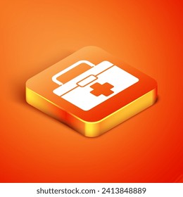 Isometric First aid kit icon isolated on orange background. Medical box with cross. Medical equipment for emergency. Healthcare concept.  Vector Illustration