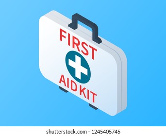 Isometric first aid kit isolated on blue background. Medical examination. Health care design in flat style. First aid kit box with medical equipment for emergency. Vector illustration.