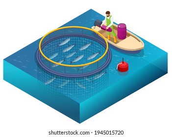 Isometric Fish Farm. Producing Trout And Salmon, Carp, Tilapia, And Catfish. Fish Farming Or Pisciculture Involves Raising Fish Commercially In Tanks Or Enclosures Such As Fish Ponds For Food.