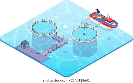 Isometric Fish Farming in the Sea Vector Image