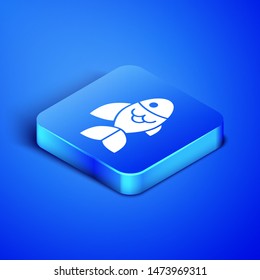 Isometric Fish icon isolated on blue background. Blue square button. Vector Illustration