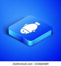 Isometric Fish icon isolated on blue background. Blue square button. Vector Illustration