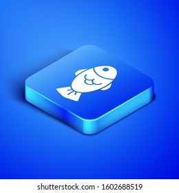 Isometric Fish icon isolated on blue background. Blue square button. Vector Illustration