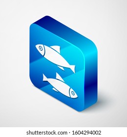 Isometric Fish icon isolated on white background. Blue square button. Vector Illustration