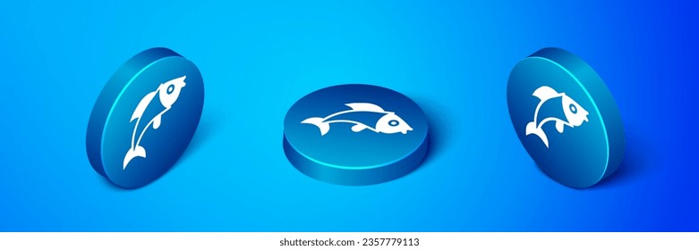 Isometric Fish icon isolated on blue background. Blue circle button. Vector