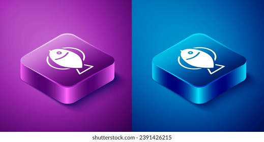 Isometric Fish icon isolated on blue and purple background. Square button. Vector