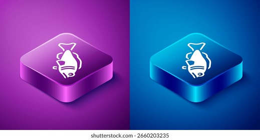 Ícone Isometric Fish isolado no fundo azul e roxo. Botão quadrado. Vetor