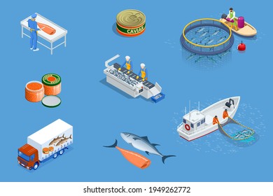 Isometric Fish industry seafood concept. Commercial fishing. Sea fishing, ship marine industry, fish boat.