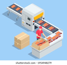 Isometric fish industry seafood production, sorting fish concept. Presale preparation.