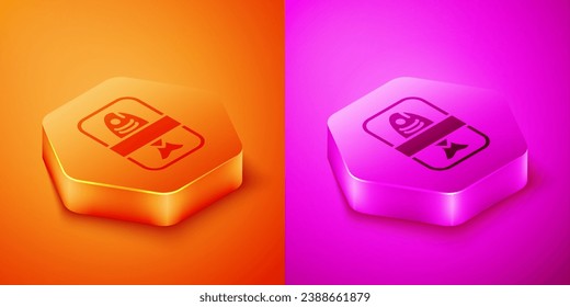 Isometric Fish plastic tray container with cellophane cover icon isolated on orange and pink background. Hexagon button. Vector