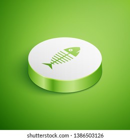 Isometric Fish skeleton icon isolated on green background. Fish bone sign. White circle button. Vector Illustration