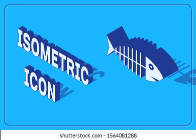 Isometric Fish skeleton icon isolated on blue background. Fish bone sign.  Vector Illustration