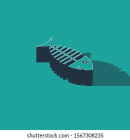 Isometric Fish skeleton icon isolated on green background. Fish bone sign.  Vector Illustration
