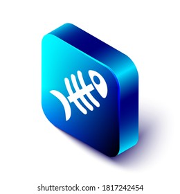 Isometric Fish skeleton icon isolated on white background. Fish bone sign. Blue square button. Vector