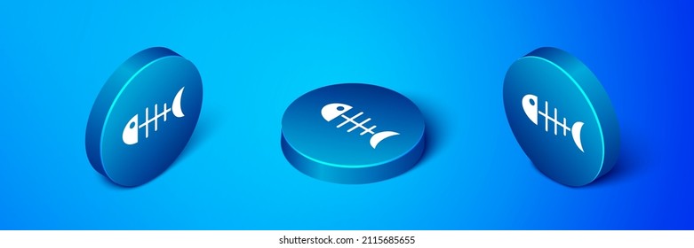 Isometric Fish skeleton icon isolated on blue background. Fish bone sign. Blue circle button. Vector