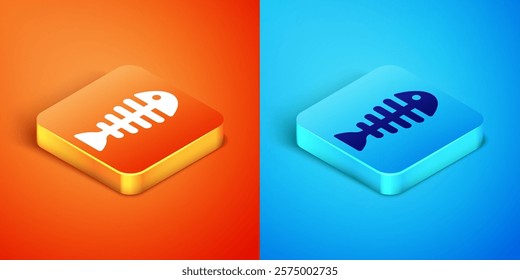 Isometric Fish skeleton icon isolated on orange and blue background. Fish bone sign.  Vector