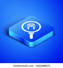 Isometric Fish steak in frying pan icon isolated on blue background. Blue square button. Vector Illustration