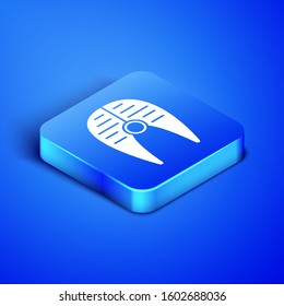Isometric Fish steak icon isolated on blue background. Blue square button. Vector Illustration