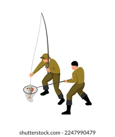 Isometrische Zusammensetzung von Fischern mit isolierter Sicht auf Fischer mit Ausrüstung auf einfarbigem Hintergrund, Vektorgrafik