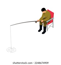 Isometric fisherman composition with isolated view of fisher with equipment on blank background vector illustration
