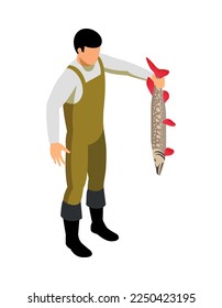 Isometric fisherman composition with isolated view of fisher with equipment on blank background vector illustration