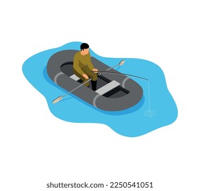 Composición isométrica del pescador con visión aislada del pescador con equipo en la ilustración vectorial de fondo en blanco