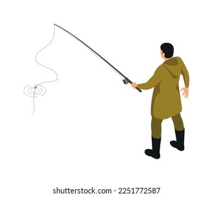 Isometric fisherman composition with isolated view of fisher with equipment on blank background vector illustration