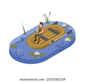 Isometric fisherman fishing. Man sitting in rubber boat with rog. Resting on nature, male fished in lake river or pond with plants. Hobby flawless vector scene