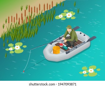 Isometric fisherman with a fishing rod sits in an inflatable boat and catches fish on a lake or river. Fisherman sitting with fishing rod and watching at float in lake.