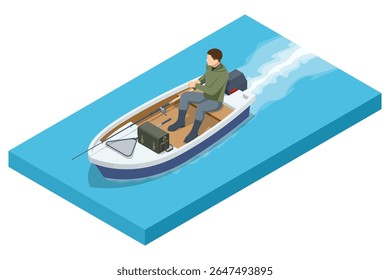 Isometric fisherman on a boat. Man fishing by the riverbank. Calm outdoor scene representing relaxation, hobby, and nature activities.