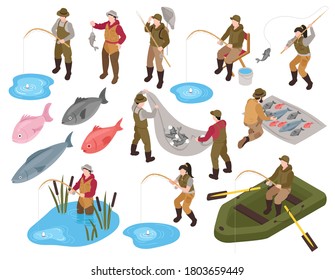 Isometric fisherman set of isolated icons and human characters with images of fishes and fishing equipment vector illustration