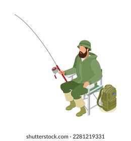 Isometric fisherman with spinning rod and backpack catching fish 3d vector illustration