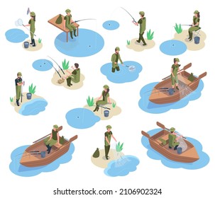 Isometric fishermen characters, 3d river or pond fishing. Characters using fishing equipment, boat, tackle and fishing rod vector illustration set. Fisherman characters activity fishing on pond